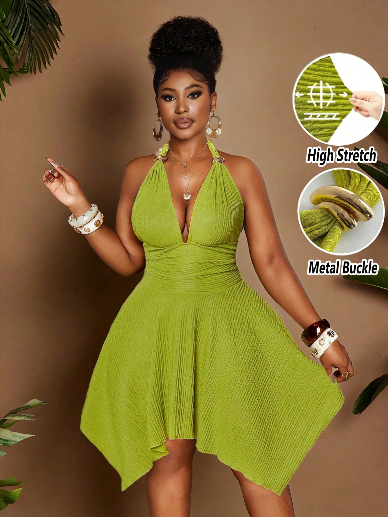 Raffinéa Women's 70s Elegant Olive Green Halter Neck Dress,High Stretch Jacquard Knit Backless Summer Party Outfits,Metal Button,Bow Tie,Asymmetric Hem Prom