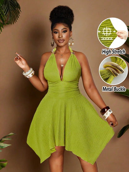 Raffinéa Women's 70s Elegant Olive Green Halter Neck Dress,High Stretch Jacquard Knit Backless Summer Party Outfits,Metal Button,Bow Tie,Asymmetric Hem Prom