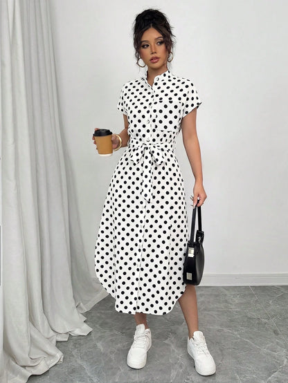 Raffinéa Women's Casual Vacation Travel Leopard Print Front Button Shirt Belt Bow Pocket Side Slits 2025 Summer New Short Sleeve Long Dress