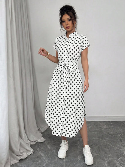 Raffinéa Women's Casual Vacation Travel Leopard Print Front Button Shirt Belt Bow Pocket Side Slits 2025 Summer New Short Sleeve Long Dress
