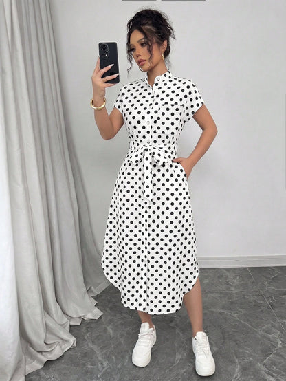 Raffinéa Women's Casual Vacation Travel Leopard Print Front Button Shirt Belt Bow Pocket Side Slits 2025 Summer New Short Sleeve Long Dress