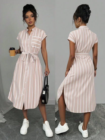 Raffinéa Women's Casual Vacation Travel Leopard Print Front Button Shirt Belt Bow Pocket Side Slits 2025 Summer New Short Sleeve Long Dress
