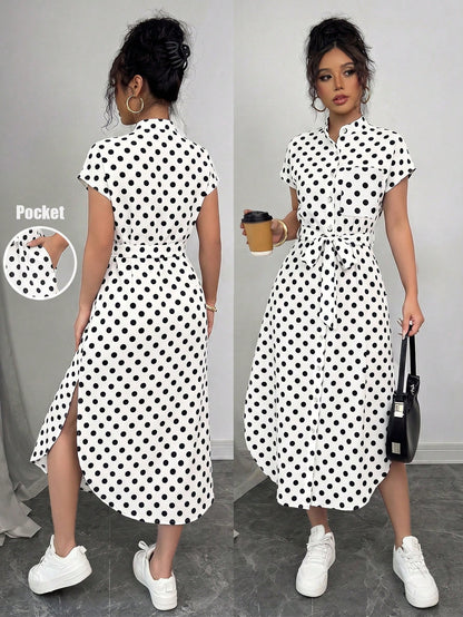 Raffinéa Women's Casual Vacation Travel Leopard Print Front Button Shirt Belt Bow Pocket Side Slits 2025 Summer New Short Sleeve Long Dress