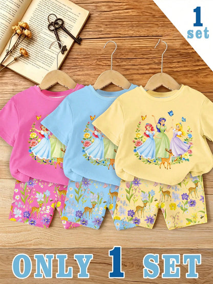 RANDOM 1 SET Baby Girls Cute Sweet Elegant Cartoon Princess Flower Bow Print Round Neck Short Sleeve T-Shirt And Casual Comfortable Slim Fit Shorts Set, Spring/Summer Daily Vacation Forest Deer Floral