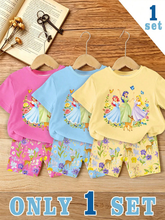 RANDOM 1 SET Baby Girls Cute Sweet Elegant Cartoon Princess Flower Bow Print Round Neck Short Sleeve T-Shirt And Casual Comfortable Slim Fit Shorts Set, Spring/Summer Daily Vacation Forest Deer Floral