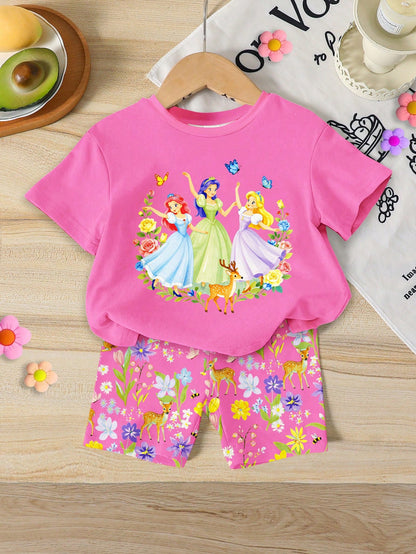 RANDOM 1 SET Baby Girls Cute Sweet Elegant Cartoon Princess Flower Bow Print Round Neck Short Sleeve T-Shirt And Casual Comfortable Slim Fit Shorts Set, Spring/Summer Daily Vacation Forest Deer Floral
