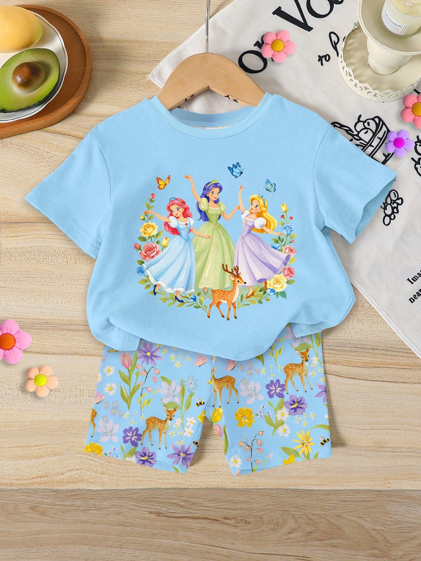 RANDOM 1 SET Baby Girls Cute Sweet Elegant Cartoon Princess Flower Bow Print Round Neck Short Sleeve T-Shirt And Casual Comfortable Slim Fit Shorts Set, Spring/Summer Daily Vacation Forest Deer Floral