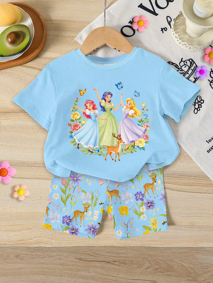 RANDOM 1 SET Baby Girls Cute Sweet Elegant Cartoon Princess Flower Bow Print Round Neck Short Sleeve T-Shirt And Casual Comfortable Slim Fit Shorts Set, Spring/Summer Daily Vacation Forest Deer Floral