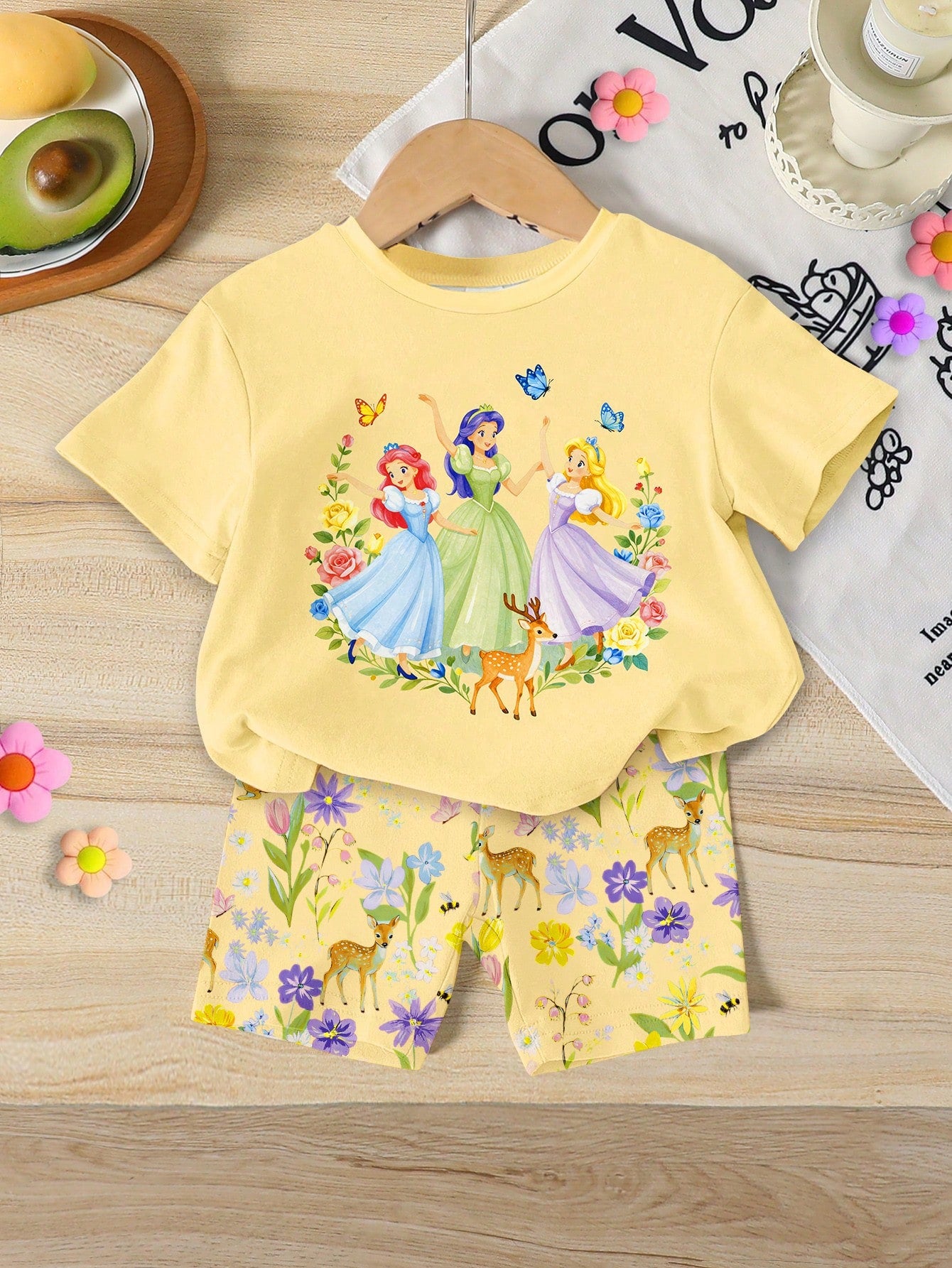 RANDOM 1 SET Baby Girls Cute Sweet Elegant Cartoon Princess Flower Bow Print Round Neck Short Sleeve T-Shirt And Casual Comfortable Slim Fit Shorts Set, Spring/Summer Daily Vacation Forest Deer Floral