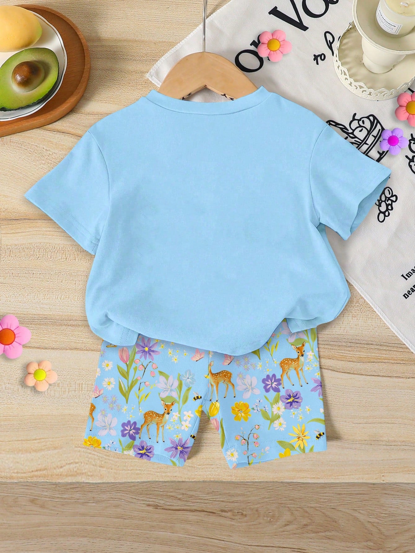 RANDOM 1 SET Baby Girls Cute Sweet Elegant Cartoon Princess Flower Bow Print Round Neck Short Sleeve T-Shirt And Casual Comfortable Slim Fit Shorts Set, Spring/Summer Daily Vacation Forest Deer Floral