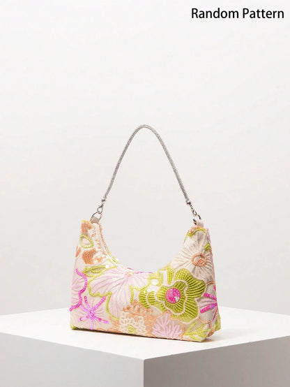 (Random Pattern)Shoulder Bag,Sequin Bag,Floral Pop,Embroidery Bag,Women's Handbags,Gala Night,Party Outfits,Prom Accessories,Wedding Items,Elegant,Gifts