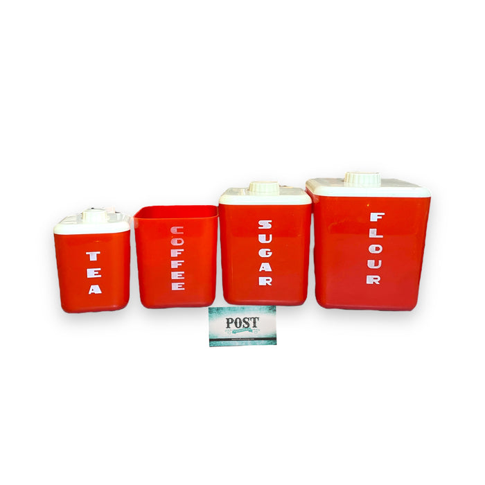 Rare Set of 4 MCM Red and White Lustro Ware Canisters