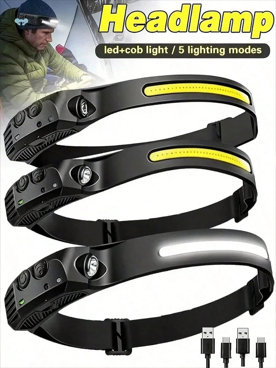 Rechargeable Motion Sensor Headlamp Dual Light COB XPE LED 5 Mode Operation High Medium Low Beam Strobe Function 1200mAh Battery Capacity Type C Charging Port Headband Outdoor Camping Light Cycling He