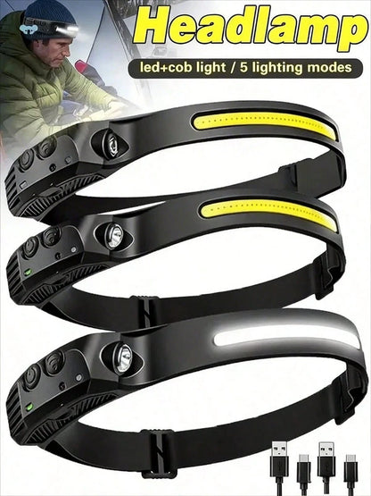 Rechargeable Motion Sensor Headlamp Dual Light COB XPE LED 5 Mode Operation High Medium Low Beam Strobe Function 1200mAh Battery Capacity Type C Charging Port Headband Outdoor Camping Light Cycling He