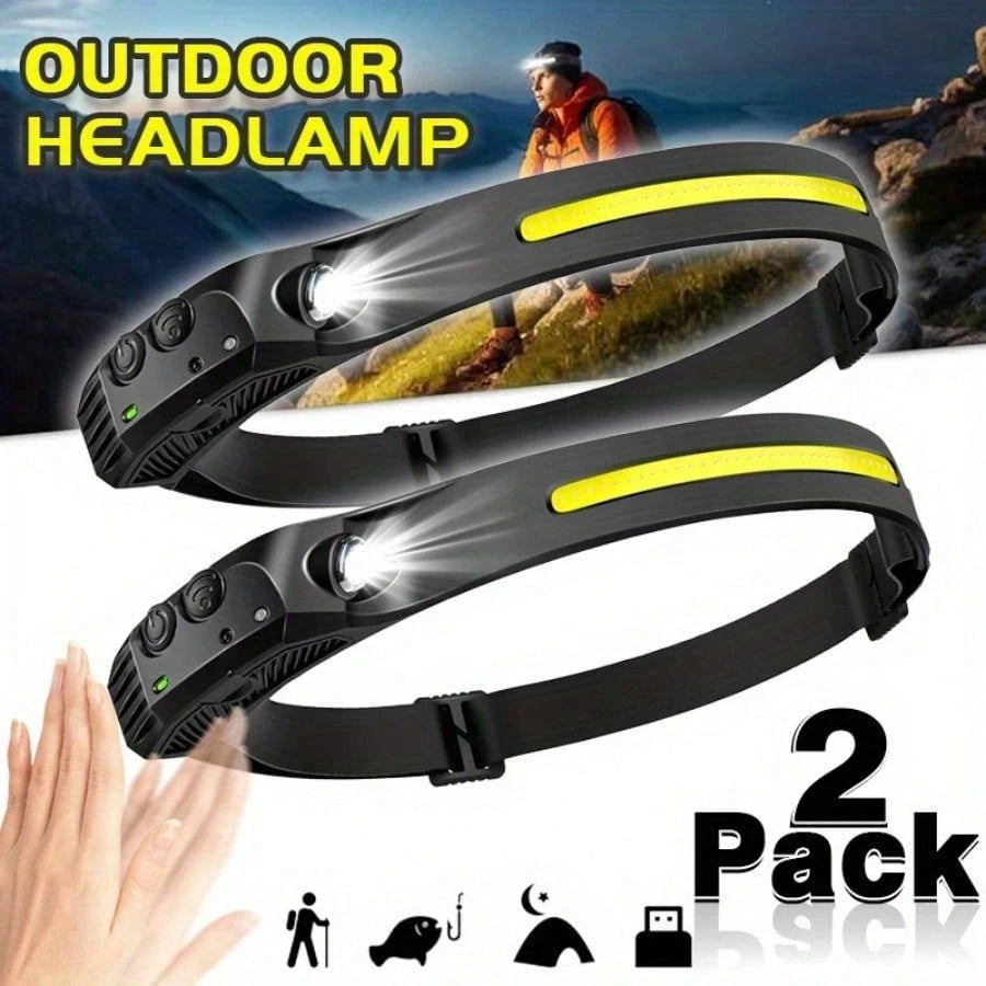 Rechargeable Motion Sensor Headlamp Dual Light COB XPE LED 5 Mode Operation High Medium Low Beam Strobe Function 1200mAh Battery Capacity Type C Charging Port Headband Outdoor Camping Light Cycling He