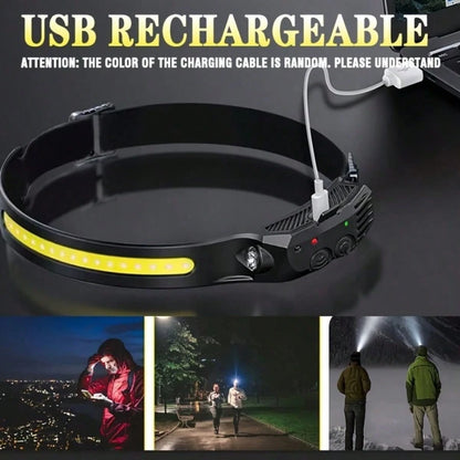 Rechargeable Motion Sensor Headlamp Dual Light COB XPE LED 5 Mode Operation High Medium Low Beam Strobe Function 1200mAh Battery Capacity Type C Charging Port Headband Outdoor Camping Light Cycling He
