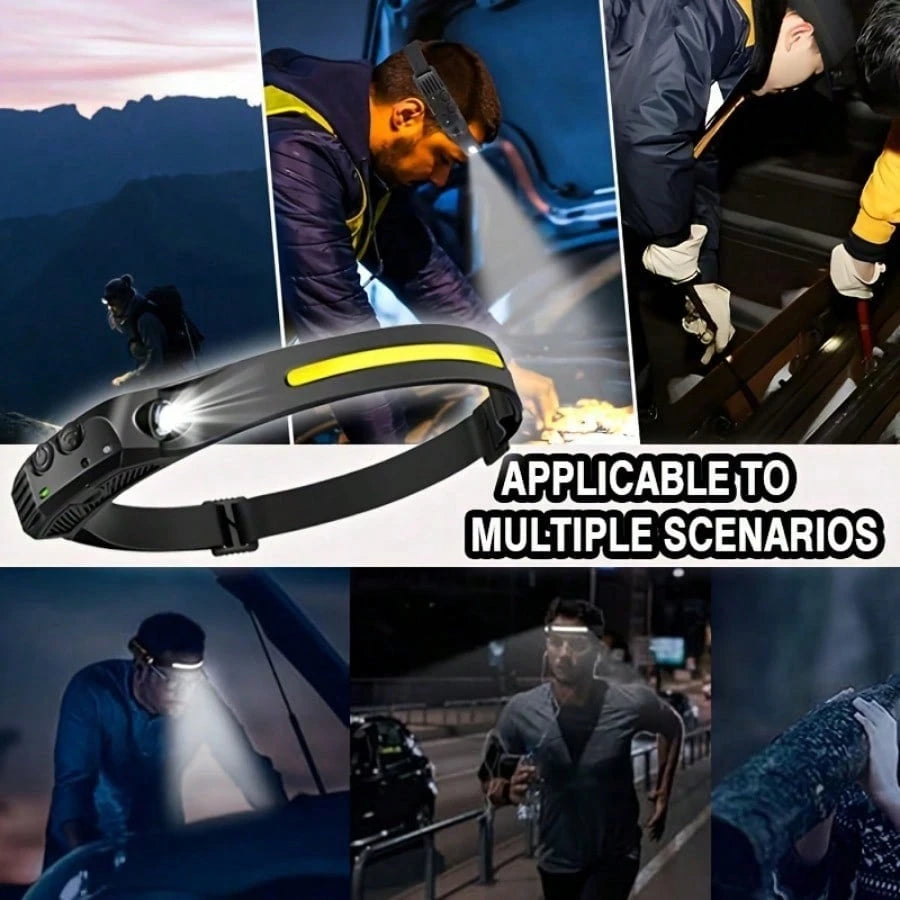 Rechargeable Motion Sensor Headlamp Dual Light COB XPE LED 5 Mode Operation High Medium Low Beam Strobe Function 1200mAh Battery Capacity Type C Charging Port Headband Outdoor Camping Light Cycling He