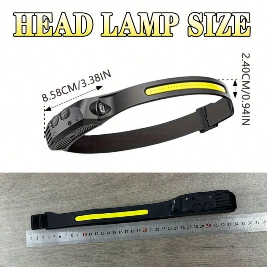 Rechargeable Motion Sensor Headlamp Dual Light COB XPE LED 5 Mode Operation High Medium Low Beam Strobe Function 1200mAh Battery Capacity Type C Charging Port Headband Outdoor Camping Light Cycling He