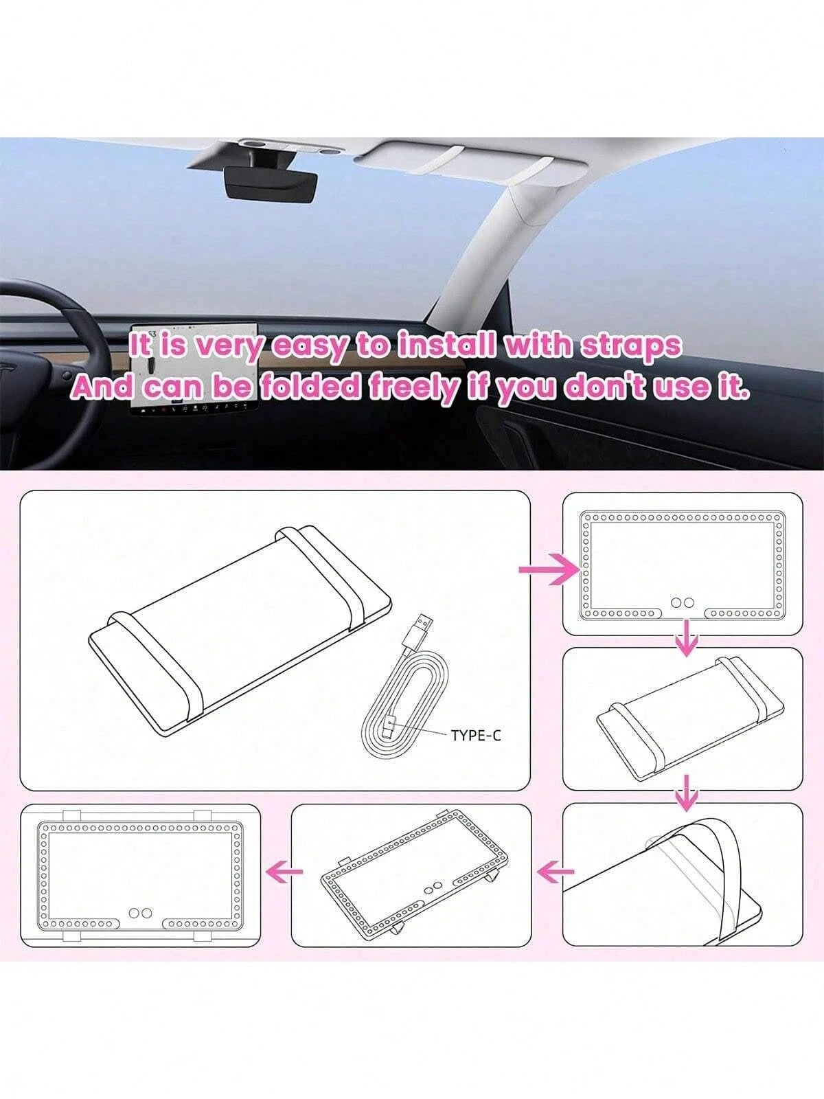 Reletech Fccemc Super Thin LED Car Vanity Mirror, High Definition Makeup Mirror, Sun Visor Mounted Makeup Mirror With USB Charging, Dimmable Touch Screen, For Ladies