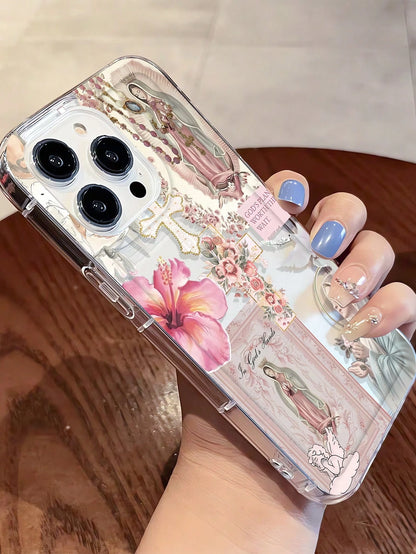 Religious Mythological Figure Elements TPU Fashion 1pc Artistic Cross & Virgin Mary Graphic Transparent TPU Shock-Absorbing Anti-Fingerprint Phone Case, Compatible With IPhone 16 Pro/16 Plus, 15/15 Pr