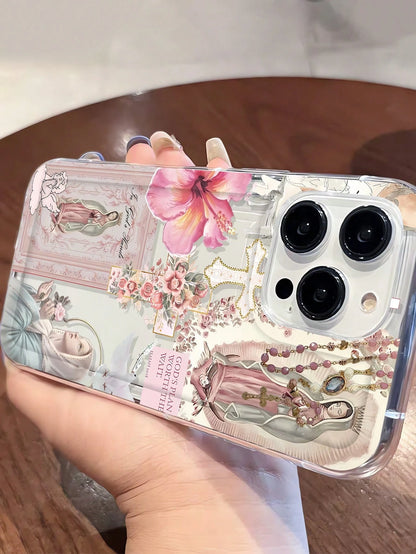 Religious Mythological Figure Elements TPU Fashion 1pc Artistic Cross & Virgin Mary Graphic Transparent TPU Shock-Absorbing Anti-Fingerprint Phone Case, Compatible With IPhone 16 Pro/16 Plus, 15/15 Pr