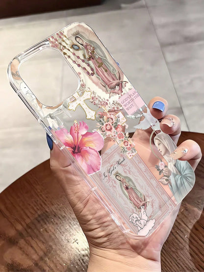 Religious Mythological Figure Elements TPU Fashion 1pc Artistic Cross & Virgin Mary Graphic Transparent TPU Shock-Absorbing Anti-Fingerprint Phone Case, Compatible With IPhone 16 Pro/16 Plus, 15/15 Pr