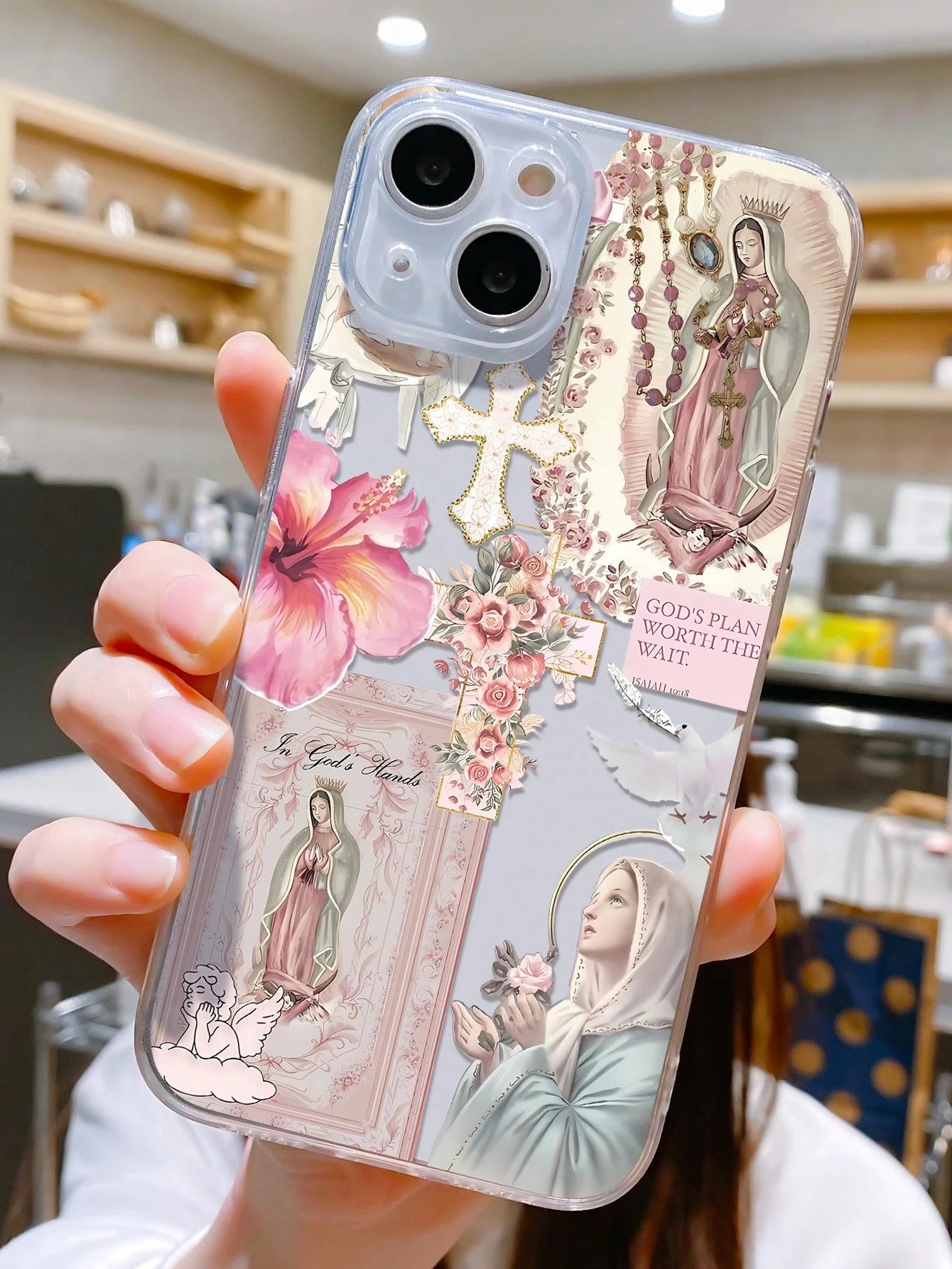 Religious Mythological Figure Elements TPU Fashion 1pc Artistic Cross & Virgin Mary Graphic Transparent TPU Shock-Absorbing Anti-Fingerprint Phone Case, Compatible With IPhone 16 Pro/16 Plus, 15/15 Pr