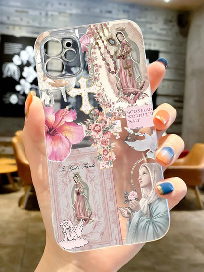 Religious Mythological Figure Elements TPU Fashion 1pc Artistic Cross & Virgin Mary Graphic Transparent TPU Shock-Absorbing Anti-Fingerprint Phone Case, Compatible With IPhone 16 Pro/16 Plus, 15/15 Pr