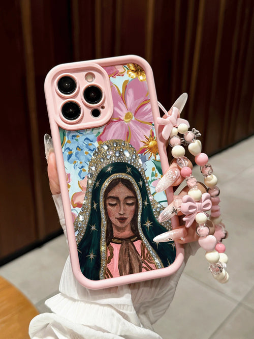 Religious Virgin Mary Pattern With Phone Lanyard Anti-Drop Pink Phone Case Compatible With Apple 17/16 Pro Max/15 Pro Max/13 Pro/14/13/16 12/11 Pro Max/XS Max/X/XR/8/14 Plus, Suitable As Birthday Gift