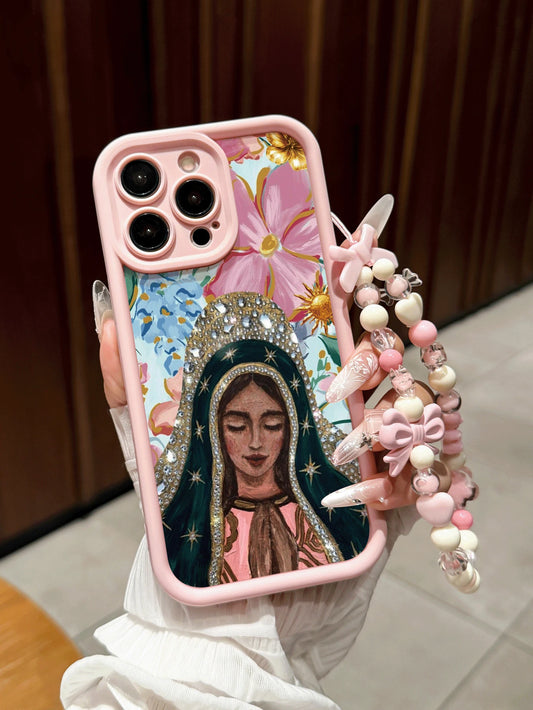 Religious Virgin Mary Pattern With Phone Lanyard Anti-Drop Pink Phone Case Compatible With Apple 17/16 Pro Max/15 Pro Max/13 Pro/14/13/16 12/11 Pro Max/XS Max/X/XR/8/14 Plus, Suitable As Birthday Gift
