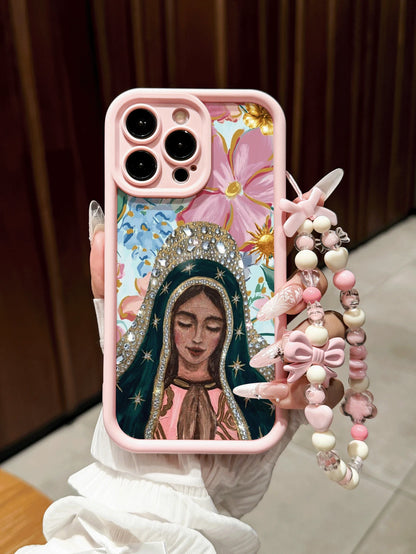 Religious Virgin Mary Pattern With Phone Lanyard Anti-Drop Pink Phone Case Compatible With Apple 17/16 Pro Max/15 Pro Max/13 Pro/14/13/16 12/11 Pro Max/XS Max/X/XR/8/14 Plus, Suitable As Birthday Gift
