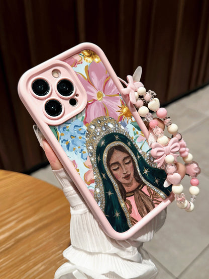 Religious Virgin Mary Pattern With Phone Lanyard Anti-Drop Pink Phone Case Compatible With Apple 17/16 Pro Max/15 Pro Max/13 Pro/14/13/16 12/11 Pro Max/XS Max/X/XR/8/14 Plus, Suitable As Birthday Gift