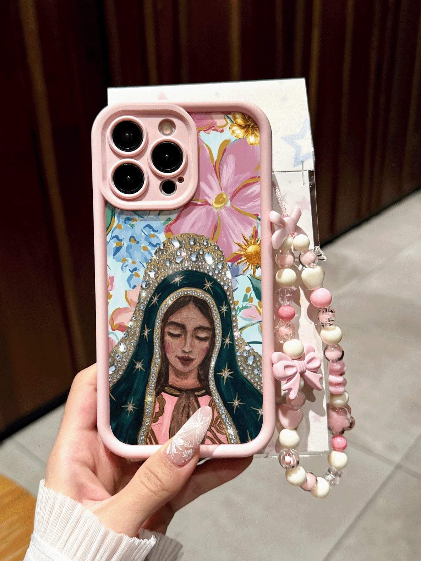 Religious Virgin Mary Pattern With Phone Lanyard Anti-Drop Pink Phone Case Compatible With Apple 17/16 Pro Max/15 Pro Max/13 Pro/14/13/16 12/11 Pro Max/XS Max/X/XR/8/14 Plus, Suitable As Birthday Gift