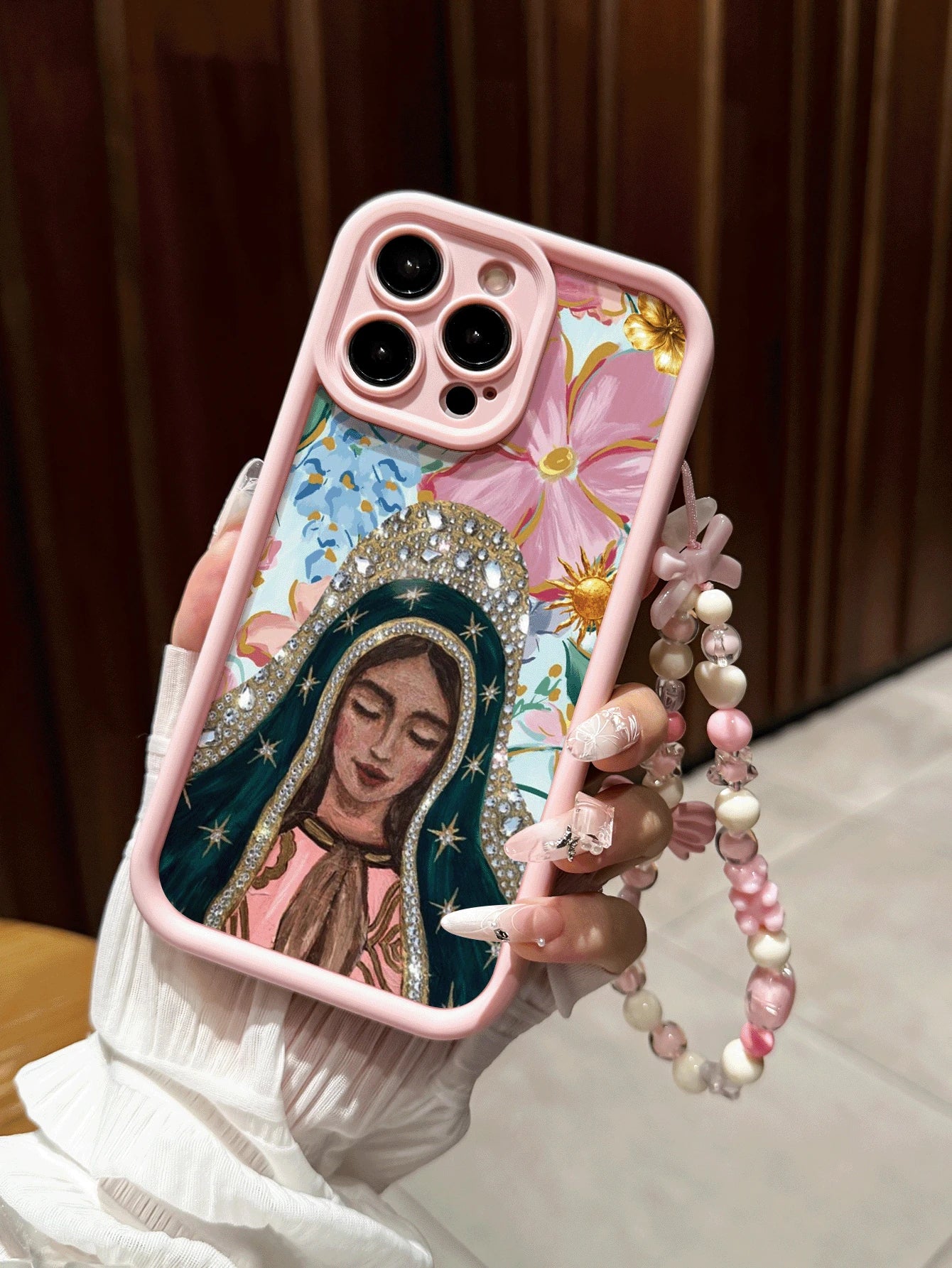 Religious Virgin Mary Pattern With Phone Lanyard Anti-Drop Pink Phone Case Compatible With Apple 17/16 Pro Max/15 Pro Max/13 Pro/14/13/16 12/11 Pro Max/XS Max/X/XR/8/14 Plus, Suitable As Birthday Gift