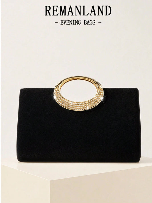 REMANLAND 1pc Fashionable Elegant Velvet Clutch Bag, Sparkling Metal Decor Evening Bag, With Detachable Metal Chain Strap, Can Be Carried As Shoulder Bag Or Crossbody, Suitable For Weddings, Parties