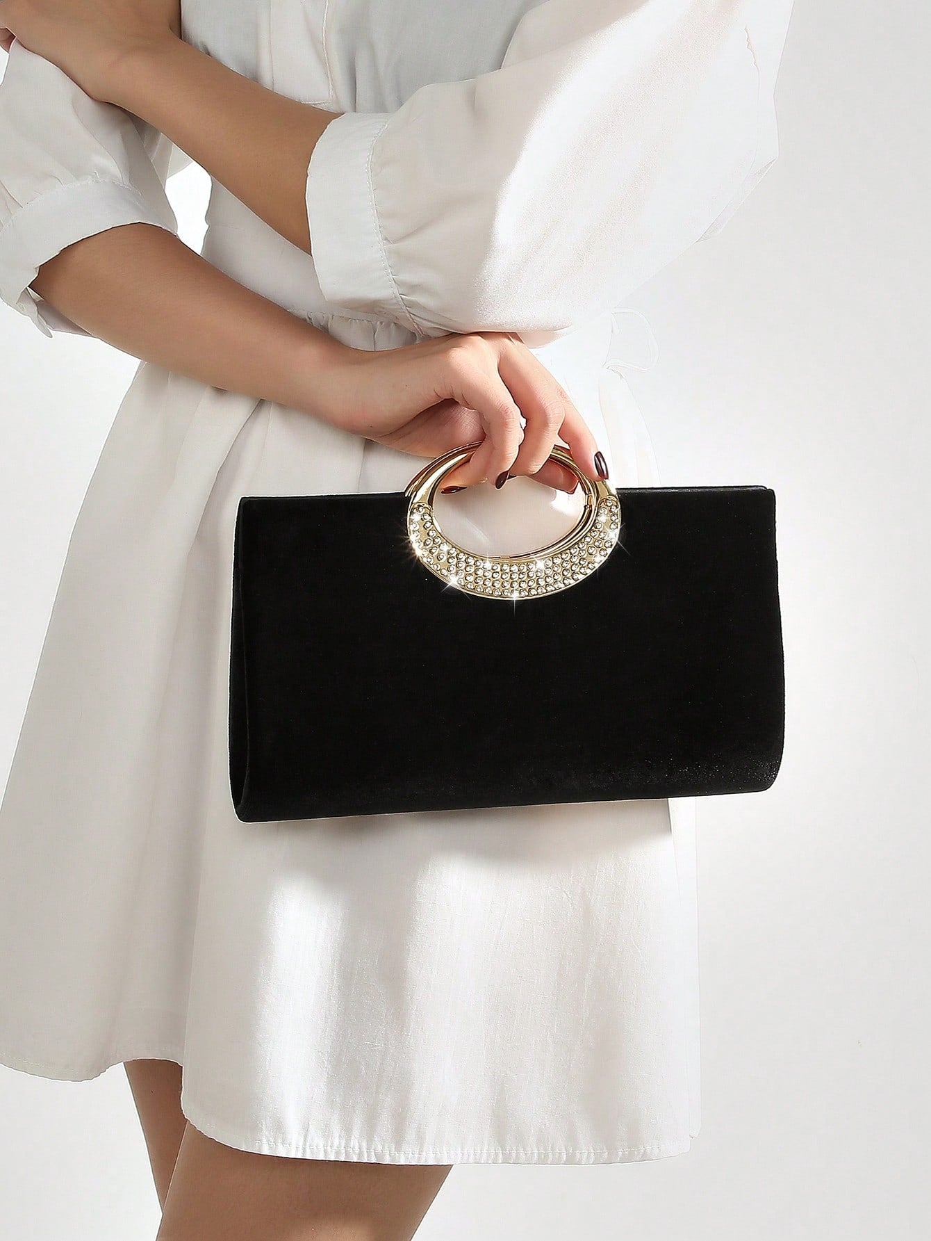 REMANLAND 1pc Fashionable Elegant Velvet Clutch Bag, Sparkling Metal Decor Evening Bag, With Detachable Metal Chain Strap, Can Be Carried As Shoulder Bag Or Crossbody, Suitable For Weddings, Parties