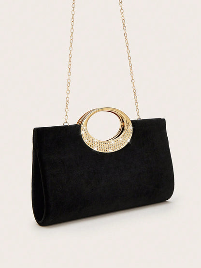 REMANLAND 1pc Fashionable Elegant Velvet Clutch Bag, Sparkling Metal Decor Evening Bag, With Detachable Metal Chain Strap, Can Be Carried As Shoulder Bag Or Crossbody, Suitable For Weddings, Parties