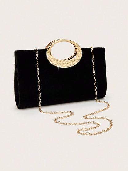 REMANLAND 1pc Fashionable Elegant Velvet Clutch Bag, Sparkling Metal Decor Evening Bag, With Detachable Metal Chain Strap, Can Be Carried As Shoulder Bag Or Crossbody, Suitable For Weddings, Parties