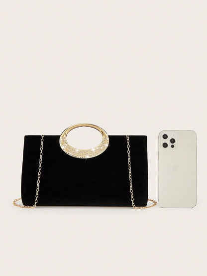 REMANLAND 1pc Fashionable Elegant Velvet Clutch Bag, Sparkling Metal Decor Evening Bag, With Detachable Metal Chain Strap, Can Be Carried As Shoulder Bag Or Crossbody, Suitable For Weddings, Parties