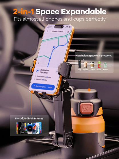 REMAX 2-In-1 Car Cup Holder Expander With Phone Mount, Extendable Multi-Angle Arm, Adjustable Height, Stable No-Shake Design, Fits 3.37-3.7 Inch Cup Holders, 1-Second Setup, For Cars, Treadmills & Gol
