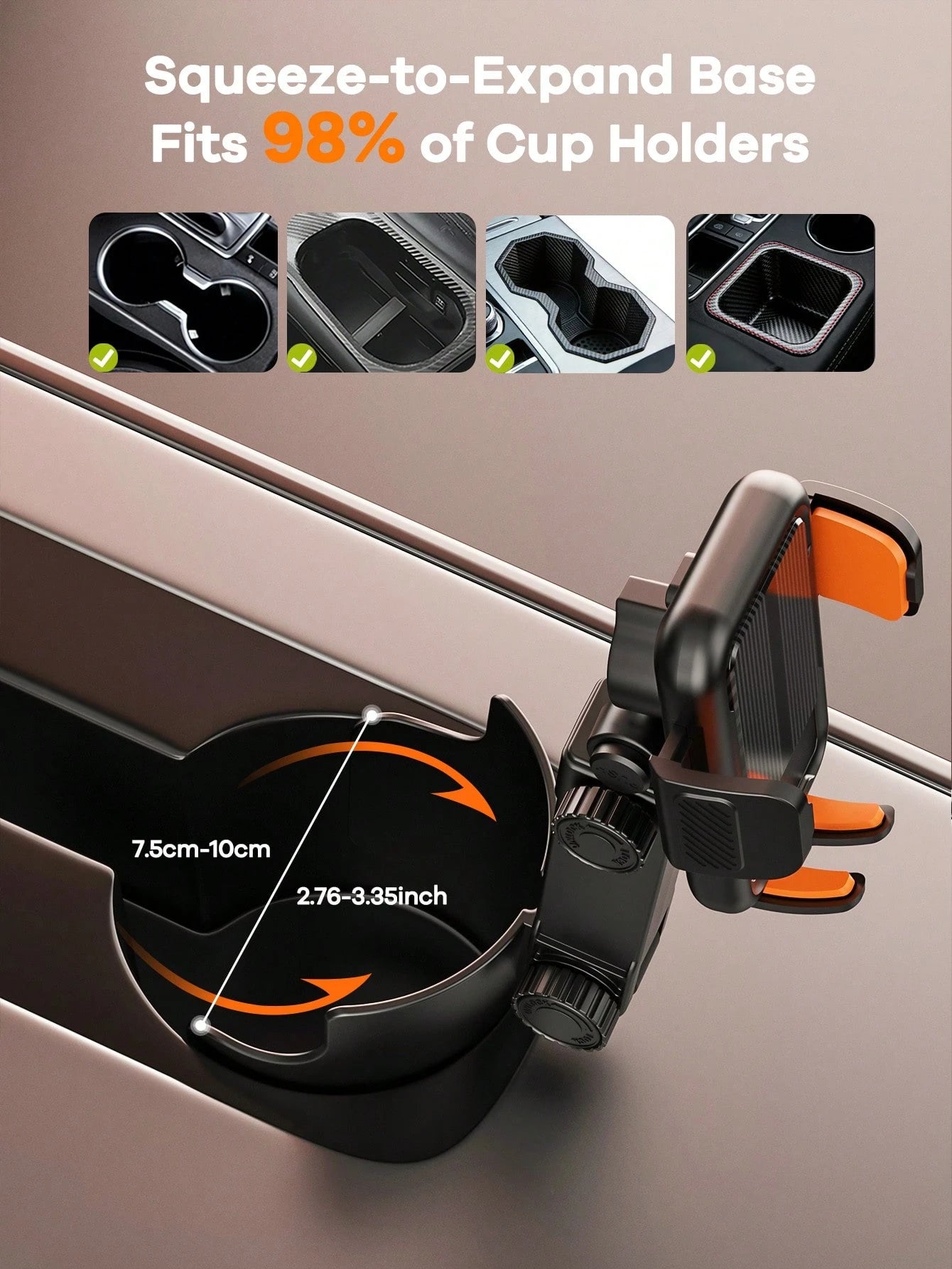 REMAX 2-In-1 Car Cup Holder Expander With Phone Mount, Extendable Multi-Angle Arm, Adjustable Height, Stable No-Shake Design, Fits 3.37-3.7 Inch Cup Holders, 1-Second Setup, For Cars, Treadmills & Gol