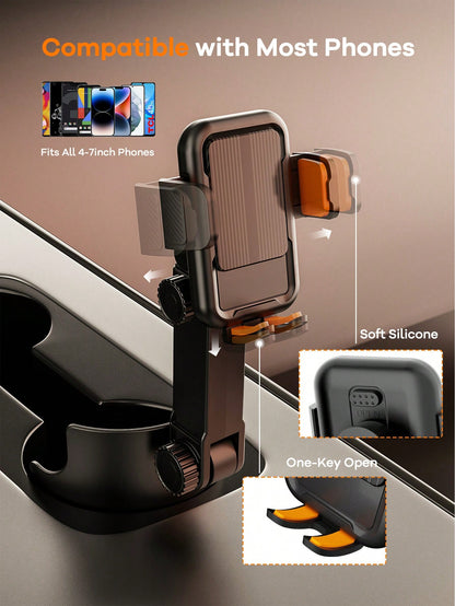 REMAX 2-In-1 Car Cup Holder Expander With Phone Mount, Extendable Multi-Angle Arm, Adjustable Height, Stable No-Shake Design, Fits 3.37-3.7 Inch Cup Holders, 1-Second Setup, For Cars, Treadmills & Gol
