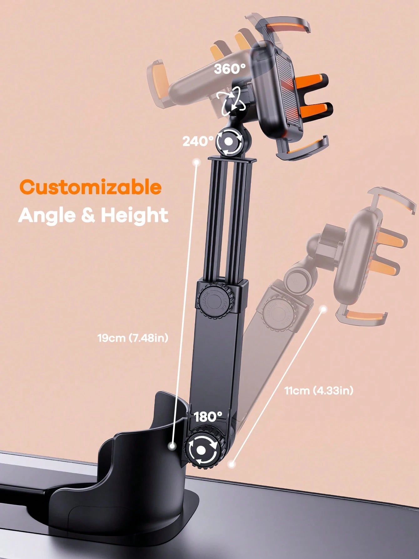 REMAX 2-In-1 Car Cup Holder Expander With Phone Mount, Extendable Multi-Angle Arm, Adjustable Height, Stable No-Shake Design, Fits 3.37-3.7 Inch Cup Holders, 1-Second Setup, For Cars, Treadmills & Gol