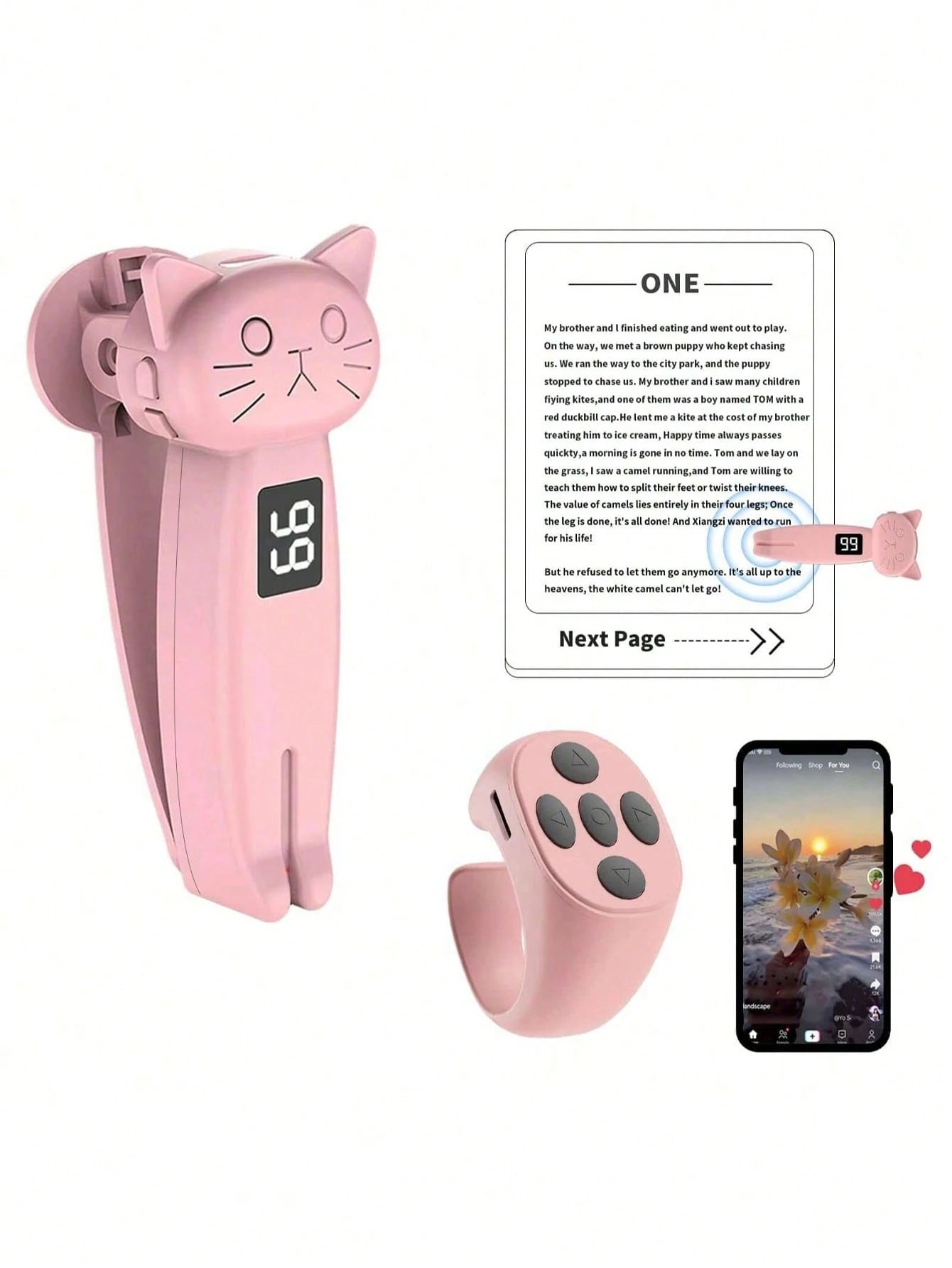 Remote Page Turner, Compatible With Kindle Paperwhite Oasis And Other E-Book Readers, Camera Remote With Video Recording Function, Compatible With IPad And Android Tablets (Pink), Suitable For Summer