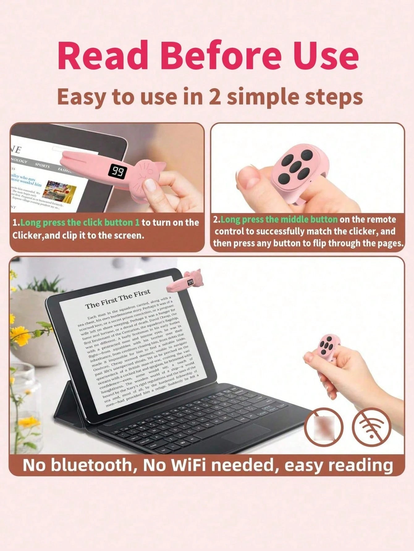 Remote Page Turner, Compatible With Kindle Paperwhite Oasis And Other E-Book Readers, Camera Remote With Video Recording Function, Compatible With IPad And Android Tablets (Pink), Suitable For Summer