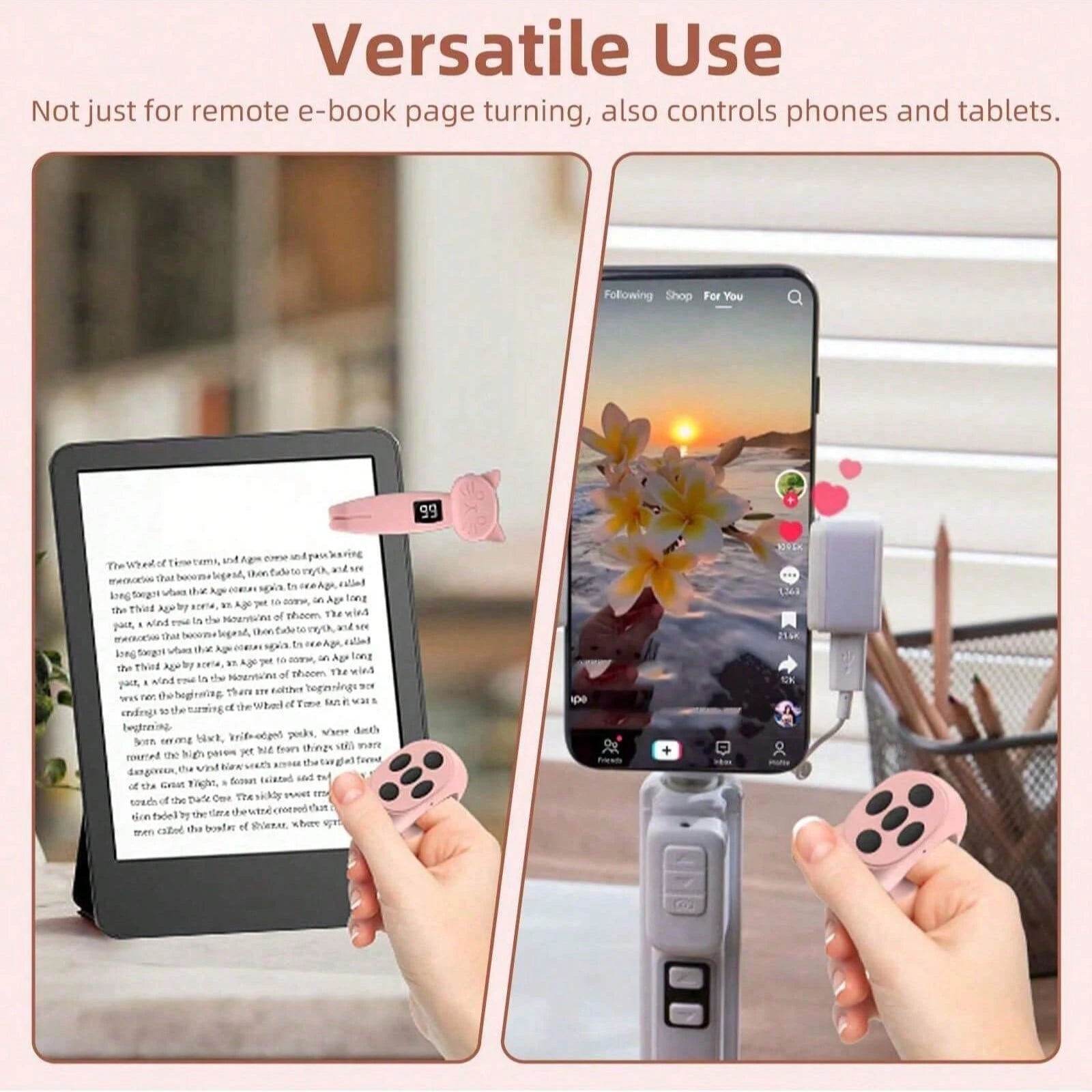 Remote Page Turner, Compatible With Kindle Paperwhite Oasis And Other E-Book Readers, Camera Remote With Video Recording Function, Compatible With IPad And Android Tablets (Pink), Suitable For Summer