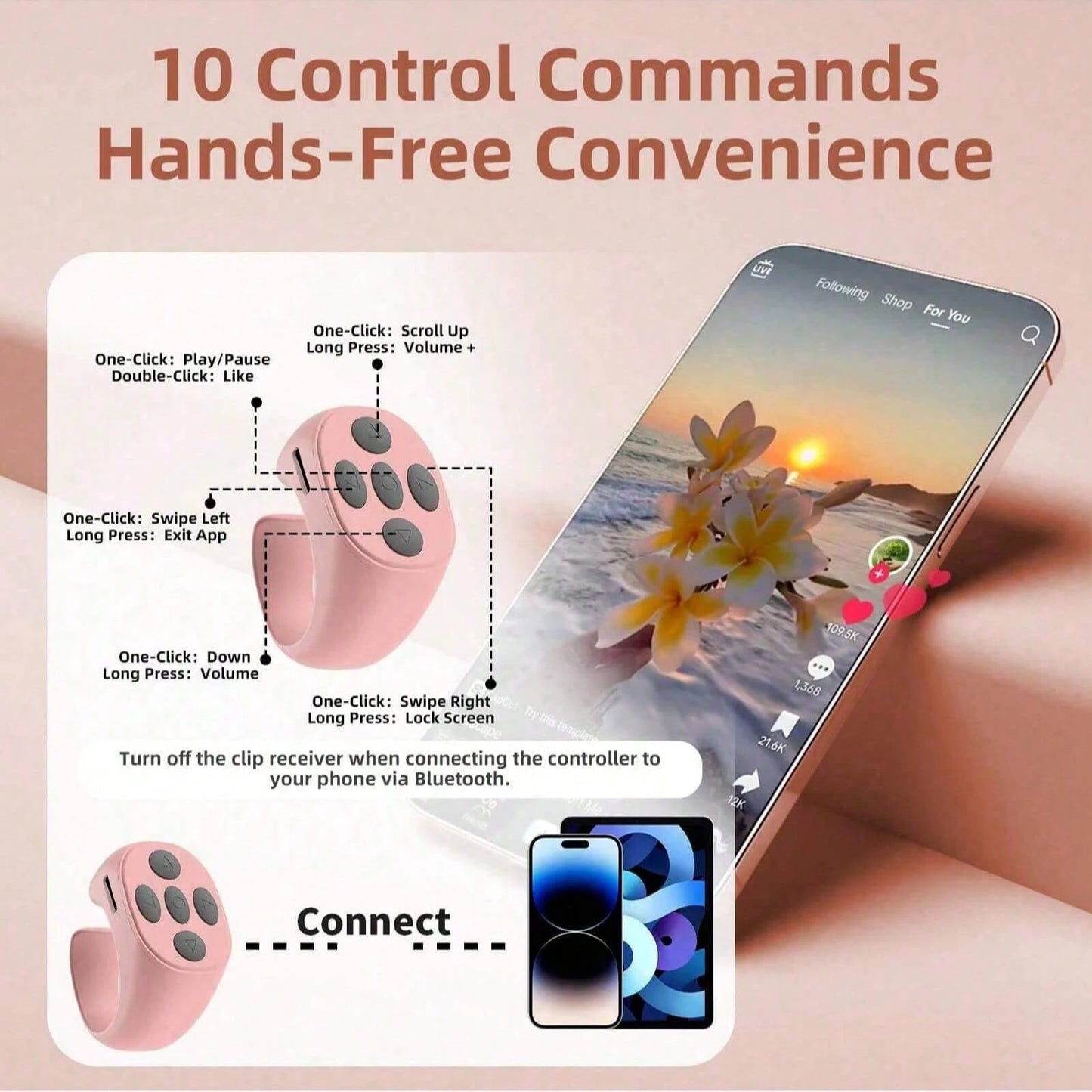 Remote Page Turner, Compatible With Kindle Paperwhite Oasis And Other E-Book Readers, Camera Remote With Video Recording Function, Compatible With IPad And Android Tablets (Pink), Suitable For Summer