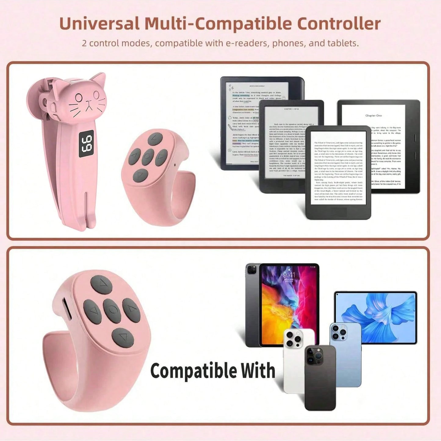 Remote Page Turner, Compatible With Kindle Paperwhite Oasis And Other E-Book Readers, Camera Remote With Video Recording Function, Compatible With IPad And Android Tablets (Pink), Suitable For Summer