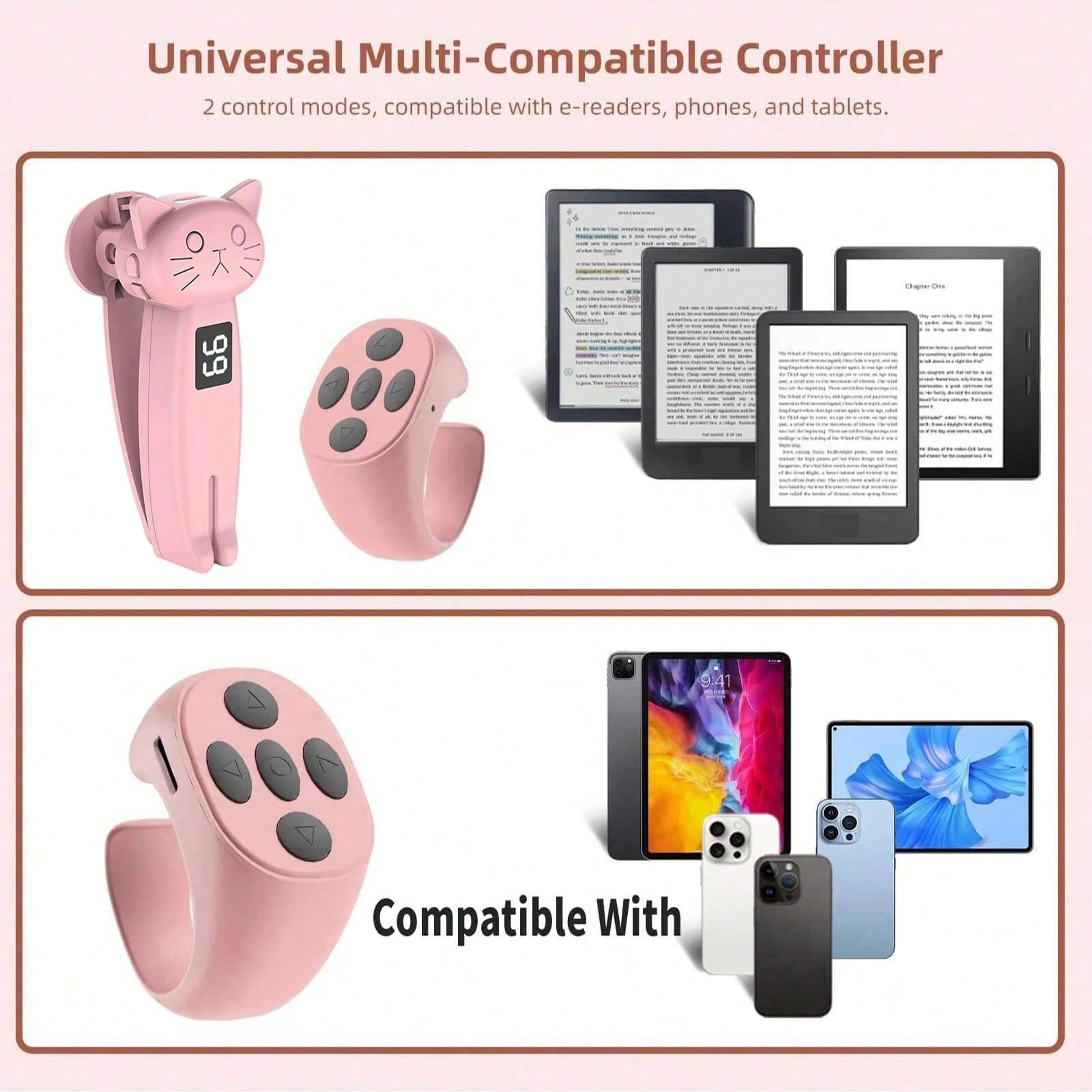 Remote Page Turner, Compatible With Kindle Paperwhite Oasis And Other E-Book Readers, Camera Remote With Video Recording Function, Compatible With IPad And Android Tablets (Pink), Suitable For Summer
