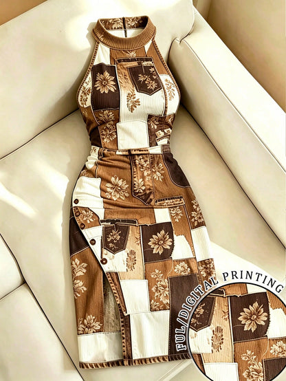 Resyla Contrast Color Floral Print Halter Neck Women's Dress